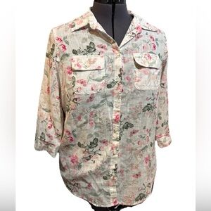 CROFT & BARROW Women’s Floral 3/4 Sleeve Button Front Blouse 100% Cotton